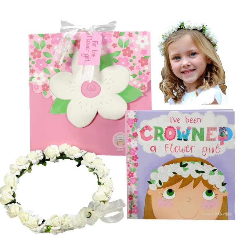 Tickle & Main Flower Girl Gift Set  Flower Girl Proposal  Book with Floral Crown Headband Headpiece in Adorable Gift Box - Image 1